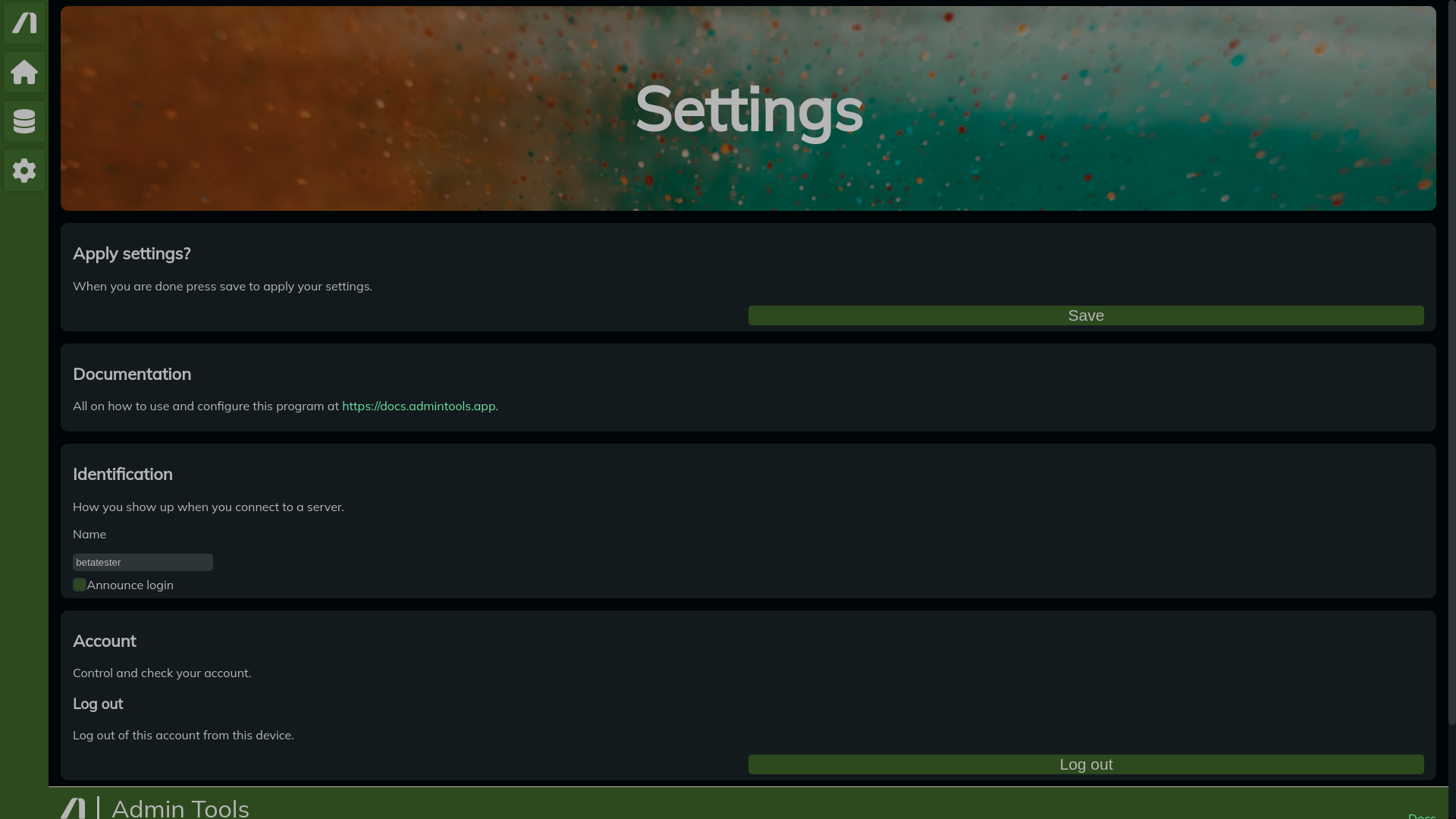 AdminTools settings page.